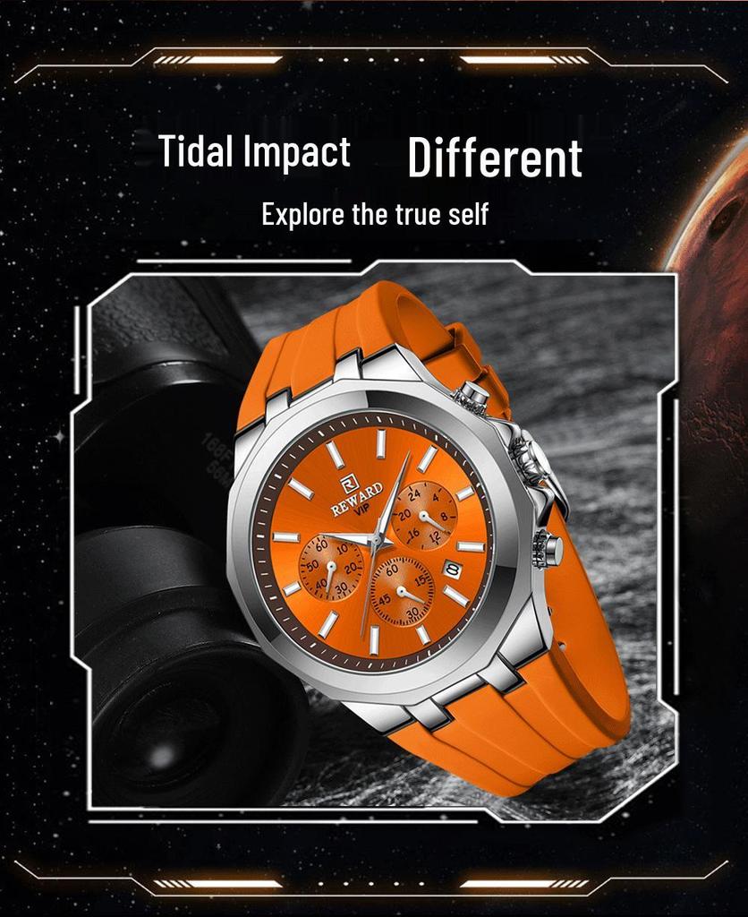 Men's Quartz Watch with Silicone Band, Multifunctional Design, Three Subdials, Six Hands, and Calendar.