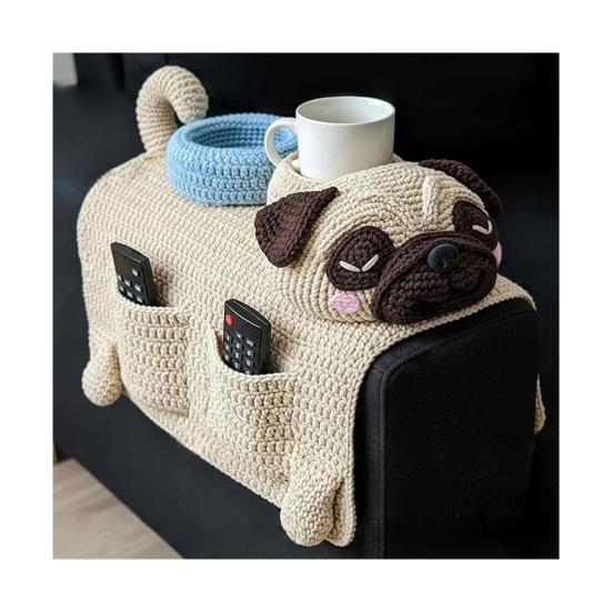 Dog Sofa Arm Organizer Crochet Dog Sofa Armrest Organizer with 2 Pockets And 1 Mug