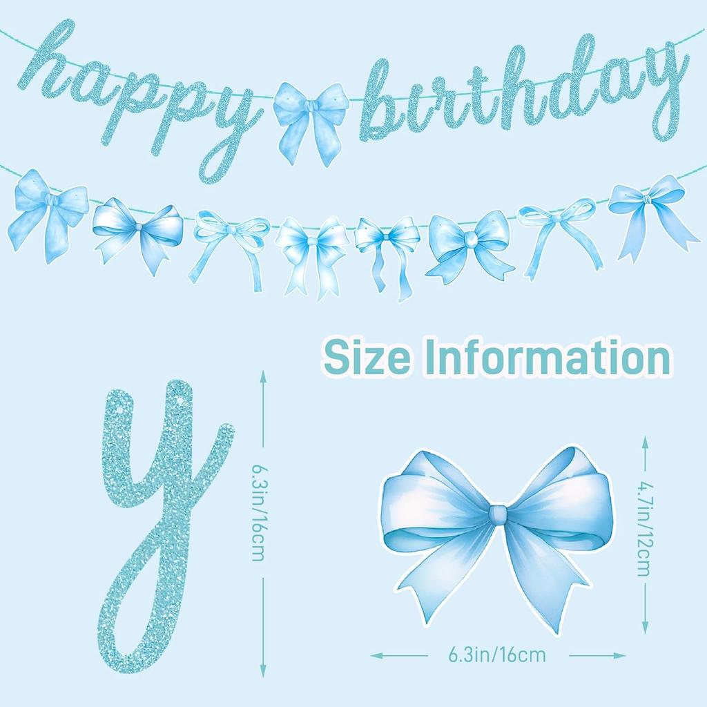 Blue Bow Happy Birthday Banner with Bow Garland for Baby Shower Girls Women Blue Bow Themed Coquette Birthday Party Decorations