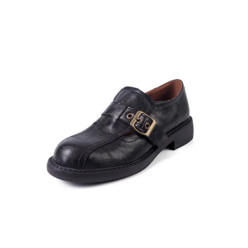 New round head thick sole leather loafers non-slip casual solid color foot cover low-top cowhide women's shoes four seasons single shoes women