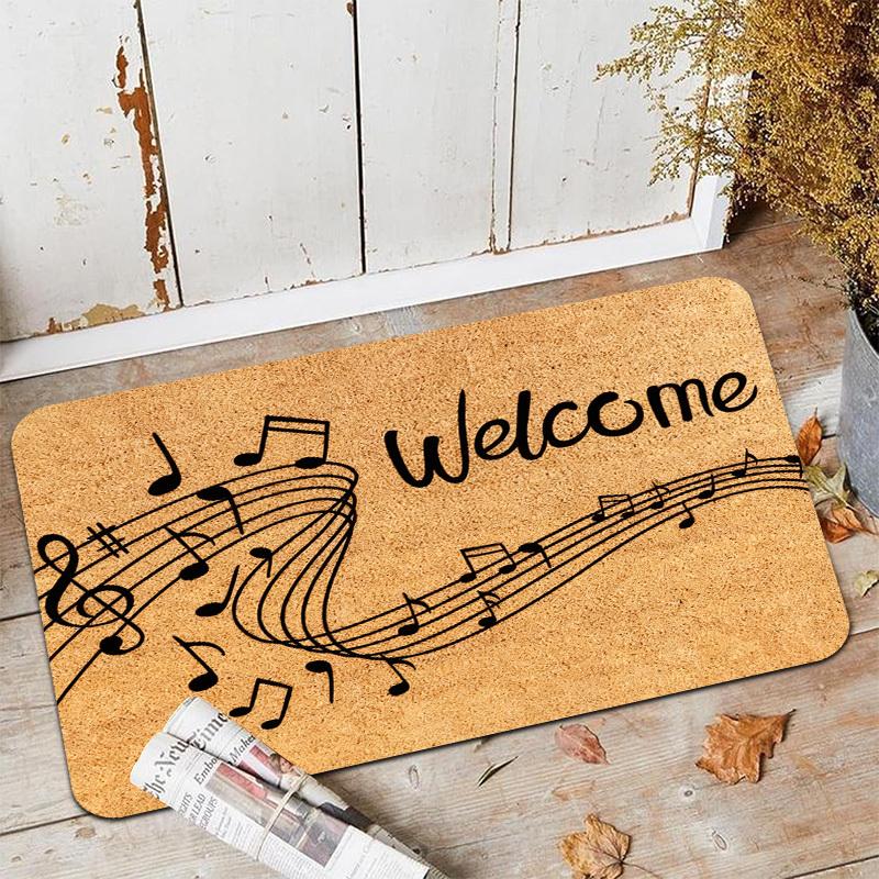 Music Theme Welcome Doormat, Musical Notes Non-Slip Entryway Rug, Durable Washable Floor Mat for Home and Patio
