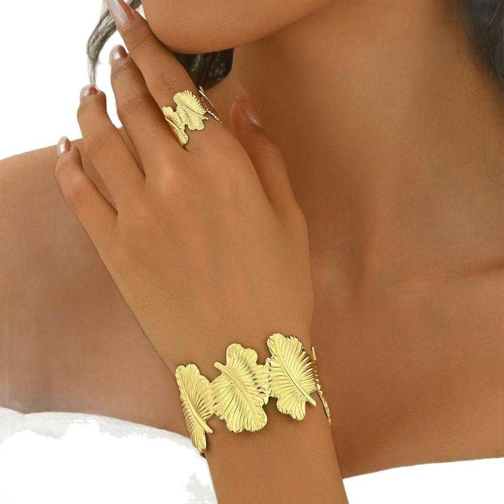 Bohemian Metal Leaf Fingerprint Geometric Open Bangle Ring for Women's Daily Wear