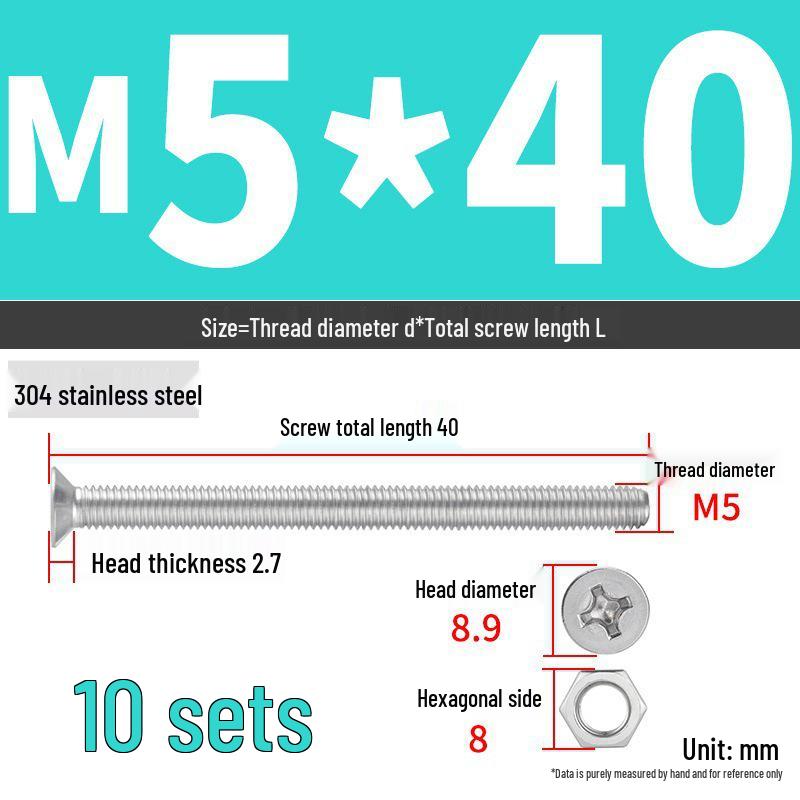 304 Stainless Steel Extra Long Phillips Flat Head Screws and Nuts Set (2M, 3M, 4M)