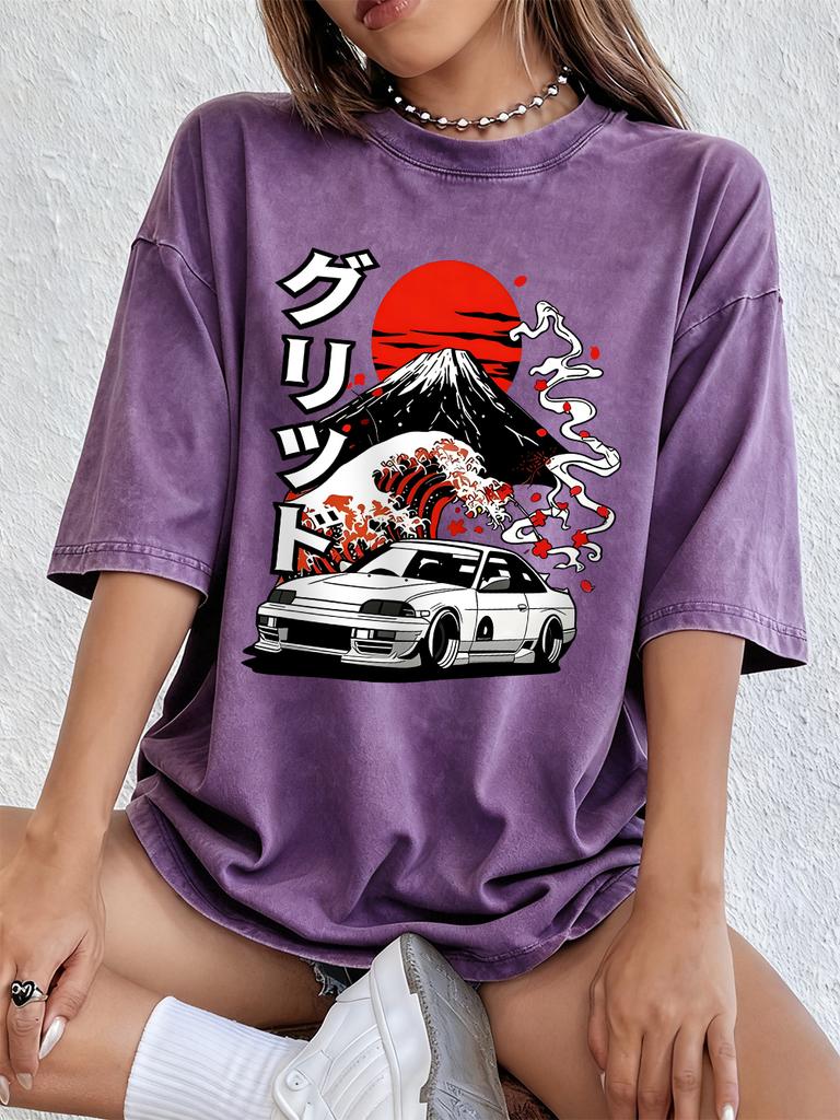 Nippon Jdm Car Grid Cotton Washed TShirts Women Summer Oversized T Shirt ONeck Comfortable Distressed Tops Basic Women Clothes