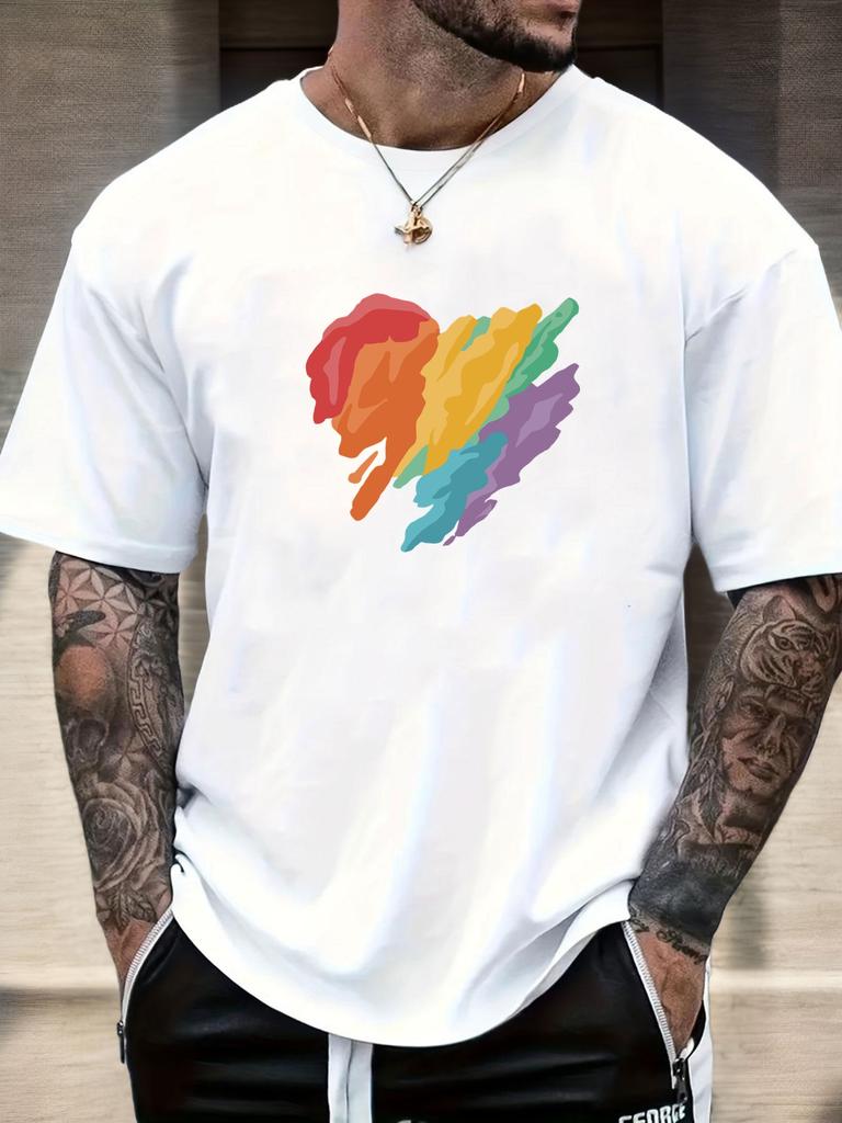 Mens Casual Tshirt Rainbow Heart Print Short Sleeve Round Neck Breathable Soft Oversized Vibrant Daily Wear Tee