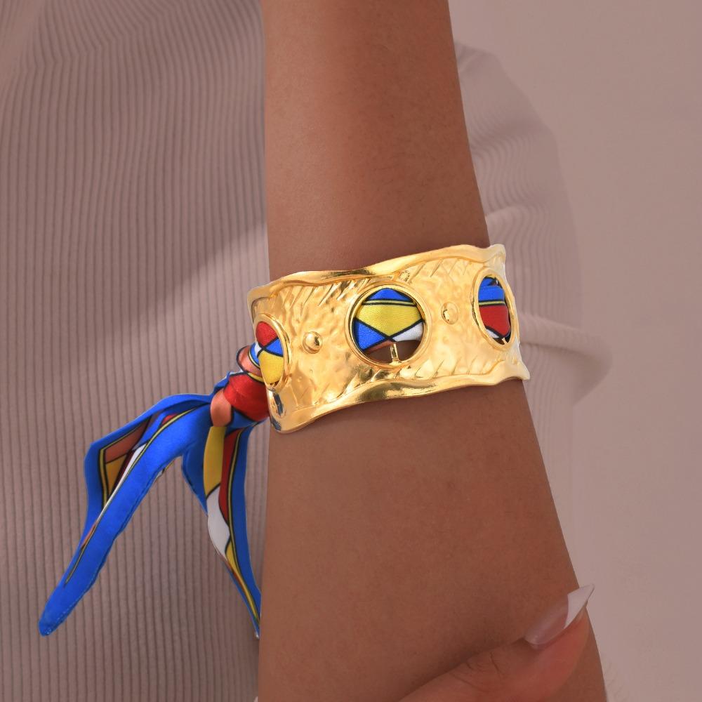 Retro Silk Scarf Open Bracelets Adjustable Exaggerated Bracelet Golden Metal Bracelet  Simple