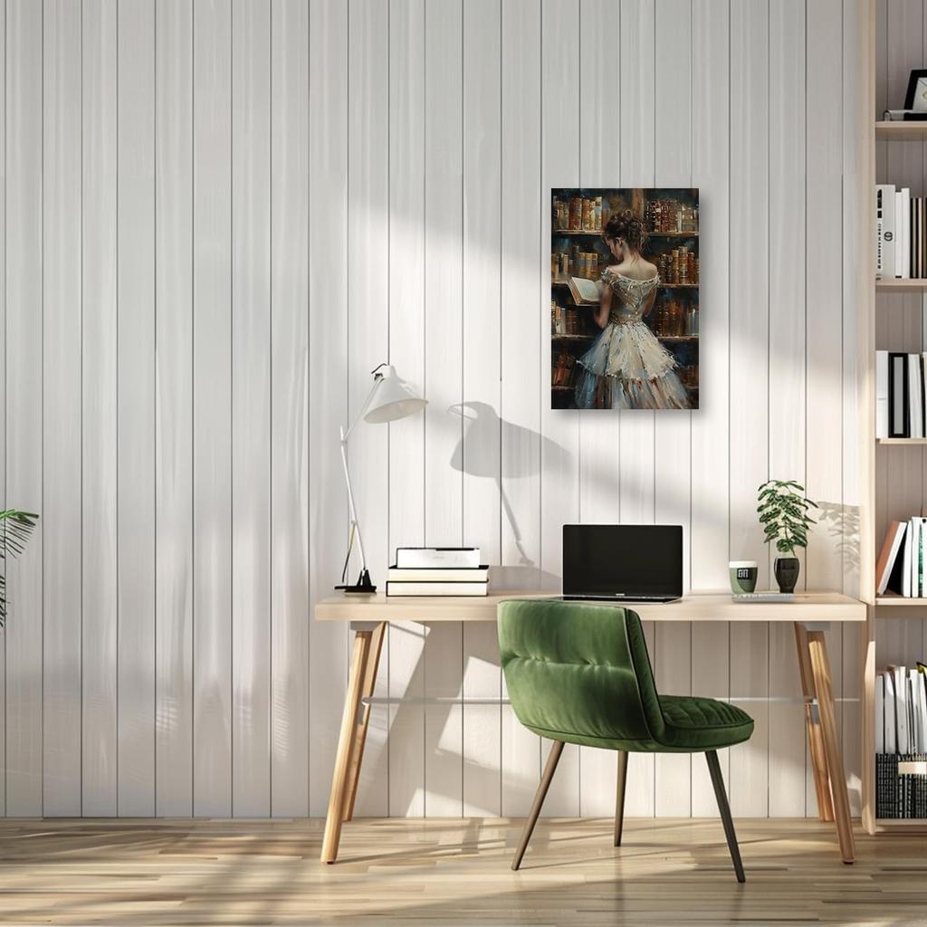 PBXBJY Vintage Female Canvas Wall Art Girl Reading Book Pictures Retro Women Painting Print Classroom Bedroom Gallery Girls Room Decor Frame (24L X