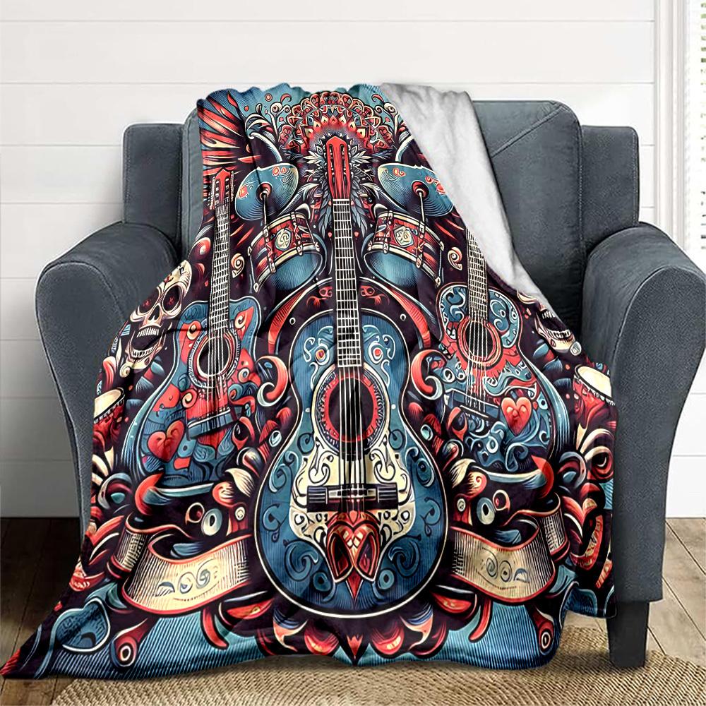 1pc Guitar Music Lightweight Flannel Blanket, Comfortable and Warm Blanket, for Office and Camping Sofa Bed, Livingroom205