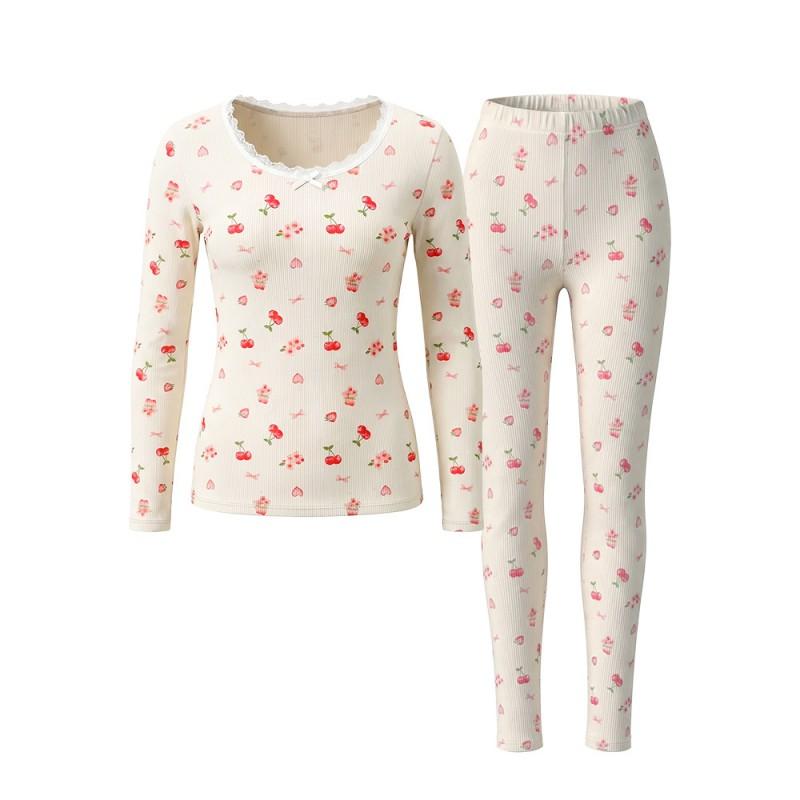 Womens 100% Cotton Floral Thermal Underwear Set - Anti-bacterial Warm Long Sleeve Top Pants Youth