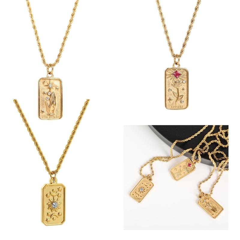 Colier cu Pandantiv Carte Tarot din Oțel Inoxidabil, Cristal Embosat, Floare de Soare, Divinație, Lanț Personalizat pentru Claviculă