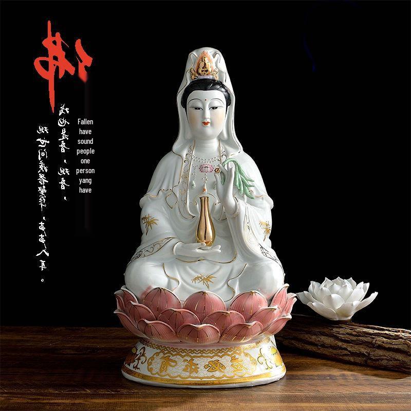 Guanyin Bodhisattva Ceramic Lotus Statue Ornament