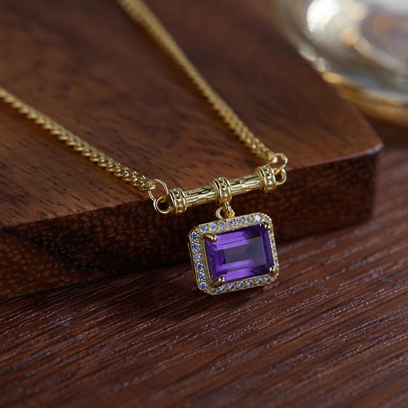 Vintage S925 Sterling Silber Eingelegt Natürlicher Amethyst Halskette Damenmode High-End Bunter Schmuck