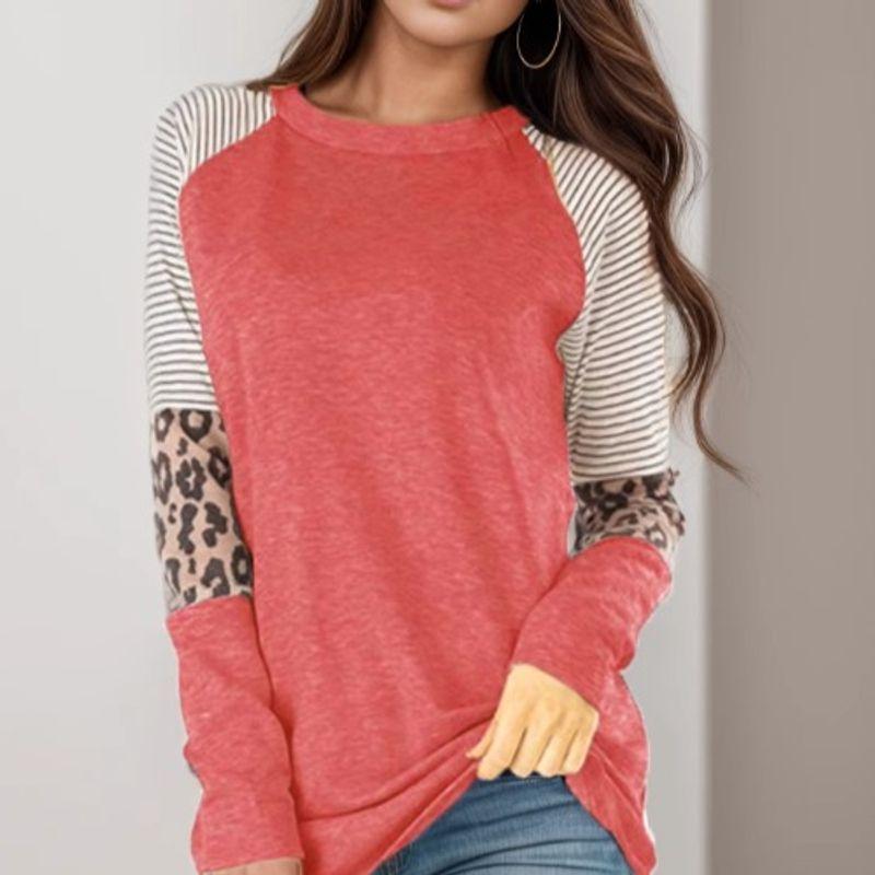 Cross-Border Fashion Autumn New round Neck Stripes Leopard Print Print Contrast Color Raglan Sleeve Long Sleeves T-shirt Women's Fashion All-Matching