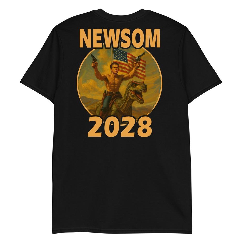 Gavin Newsom 2028 Bold Patriotic Leader Riding Dinosaur T-Shirt M