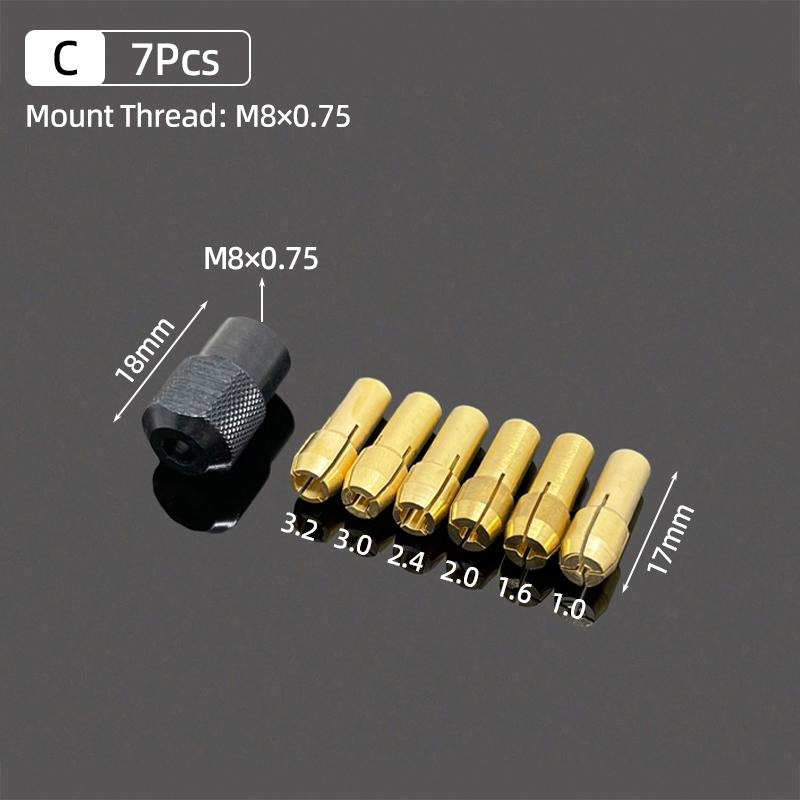 

Набір 7 шт. Міні Мікро Дриль Патрон Адаптер 0.5-3мм Латунна Цанга 2.0/2.35/3.17/4.0мм Патрон Вал Електродвигуна Затискний Роторні Інструменти