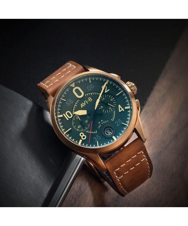 AVI-8 Spitfire Lock Chronograph Nahkrihm Pronksroheline Kellaplaat Kvarts AV-4089-02 Meeste Kell