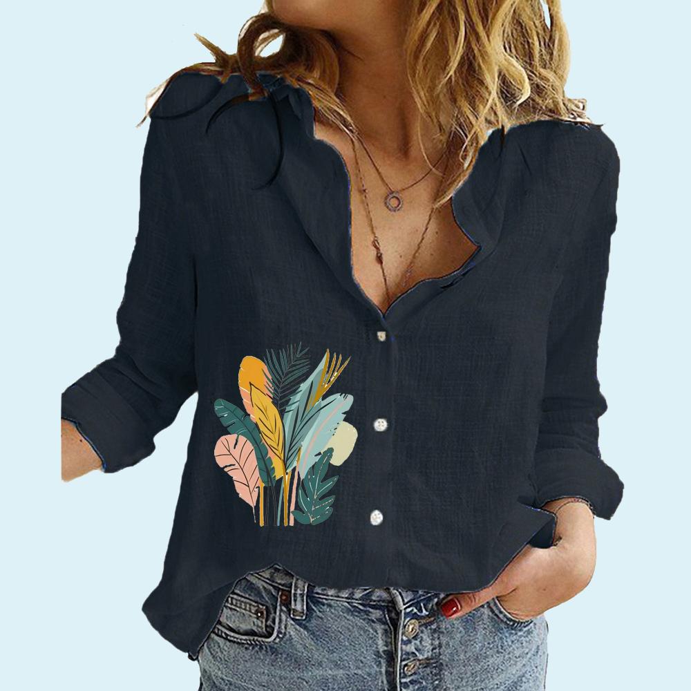 Women Fashion Floral Printed Button-up Shirt Loose Cotton Linen Top Ladies Casual Long Sleeved Blouse