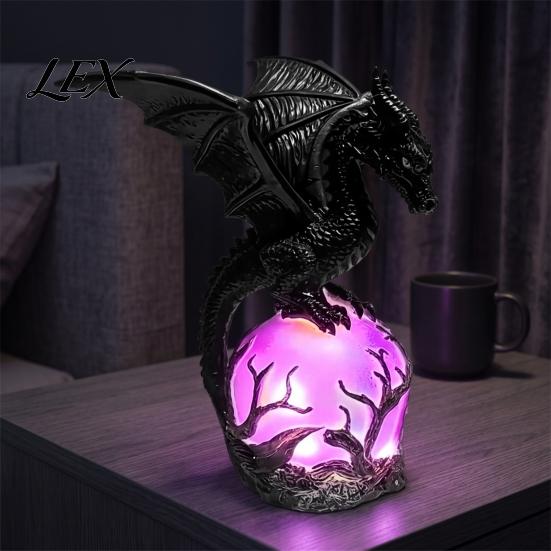 Fantasy Collection Item Gothic Dragon Night Light, Resin Statue with Purple Glowing Crystal Halloween Decorative Figurine Sphere, Table Lamp for Home