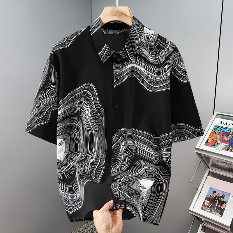 

Men s Plus Size Abstract Print Short Sleeve Button Down Shirt (4XL-10XL) 4XL(85kg-95kg) чёрный