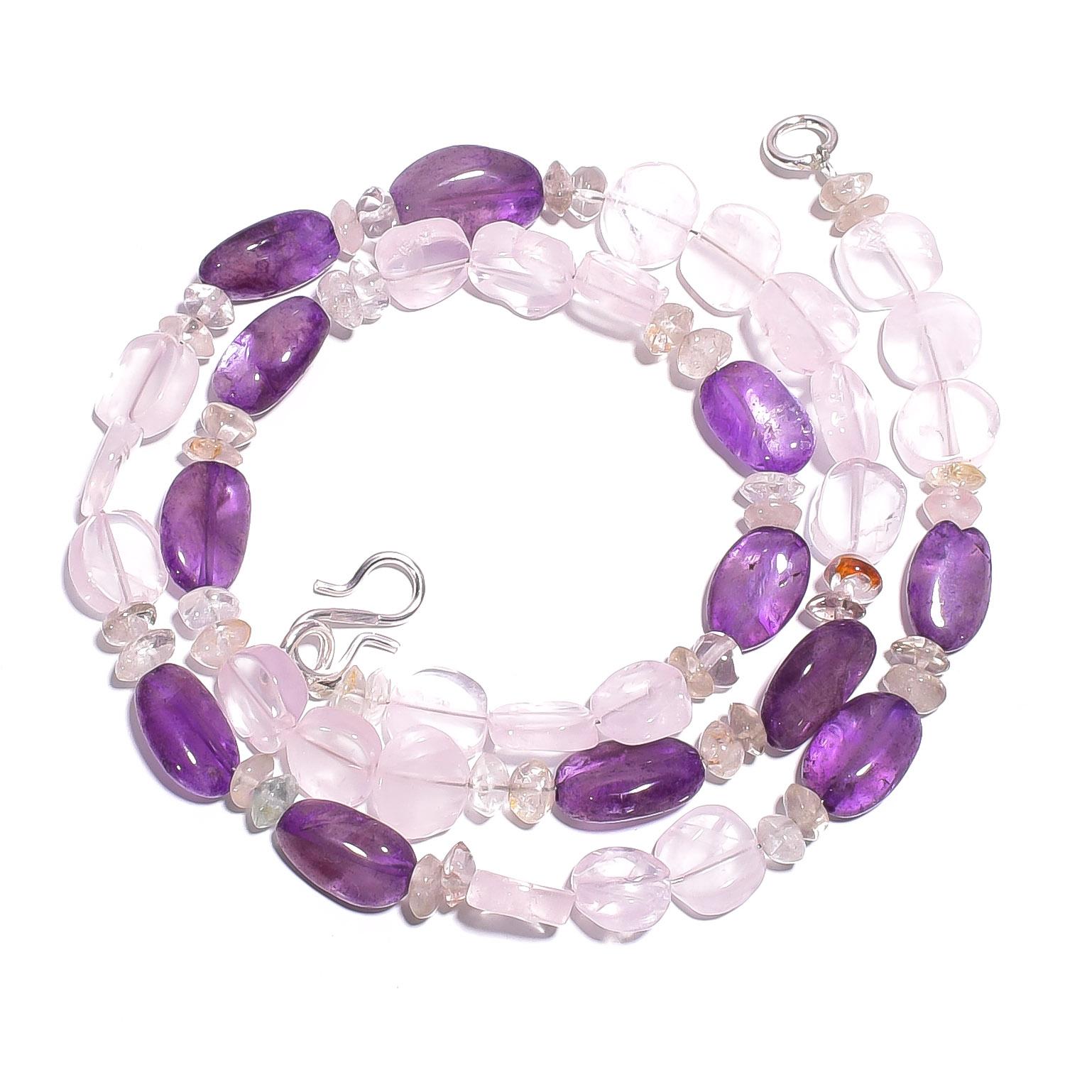 

Natural Rose Quartz Amethyst Gemstone Smooth Beads Necklace 17 UB-4858 UB-4858