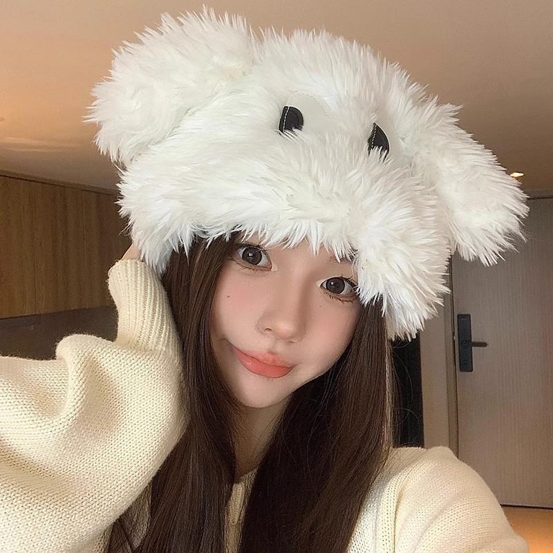 Japanese Funny Cartoon Big Eyed Puppy Pullover Hat for Women In Autumn and Winter  Warm Ear Protection  Sweet and Cute Thickened Plush Hat