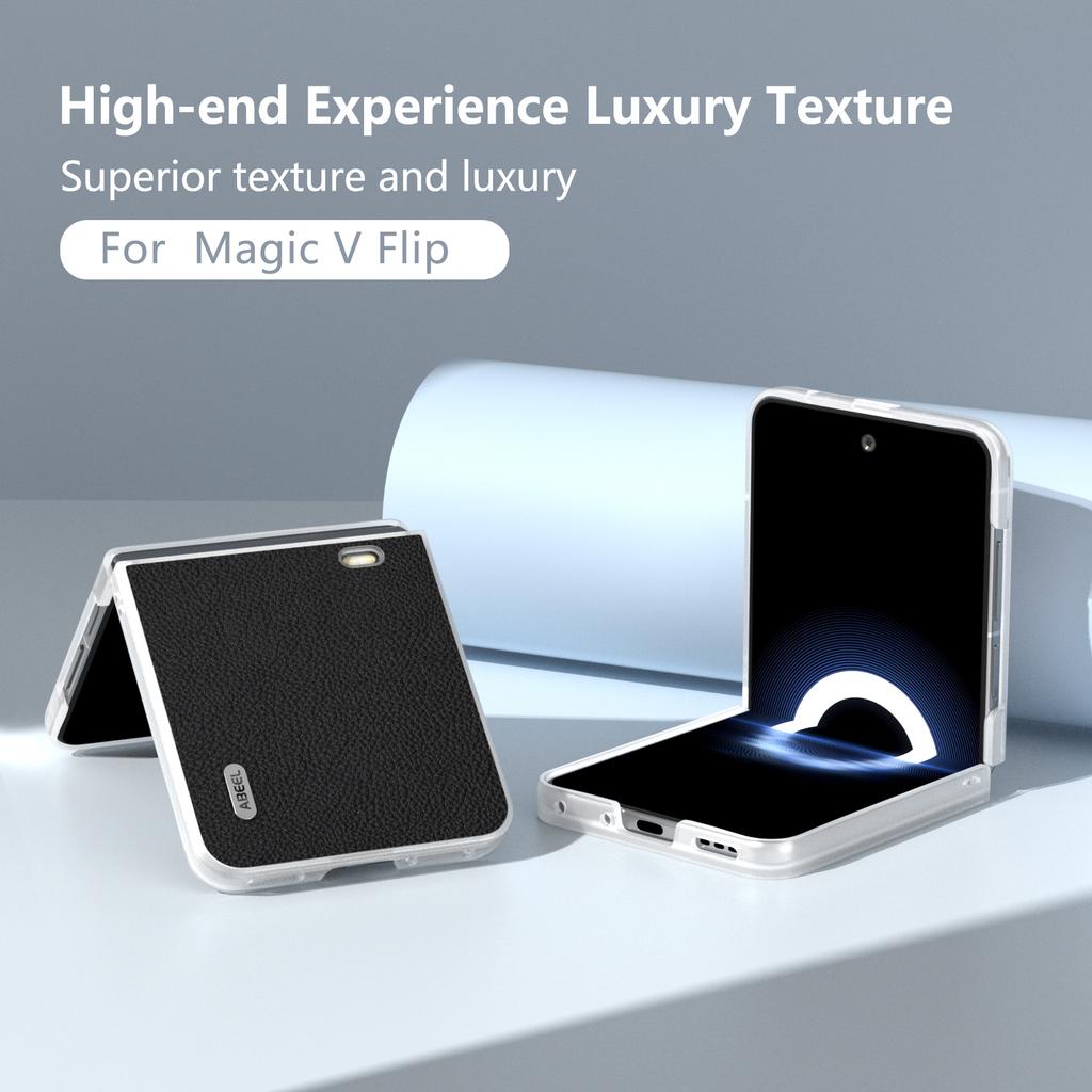 ABEEL For Honor Magic V Flip 5G Case Litchi Texture Genuine Cow Leather+PC Phone Cover
