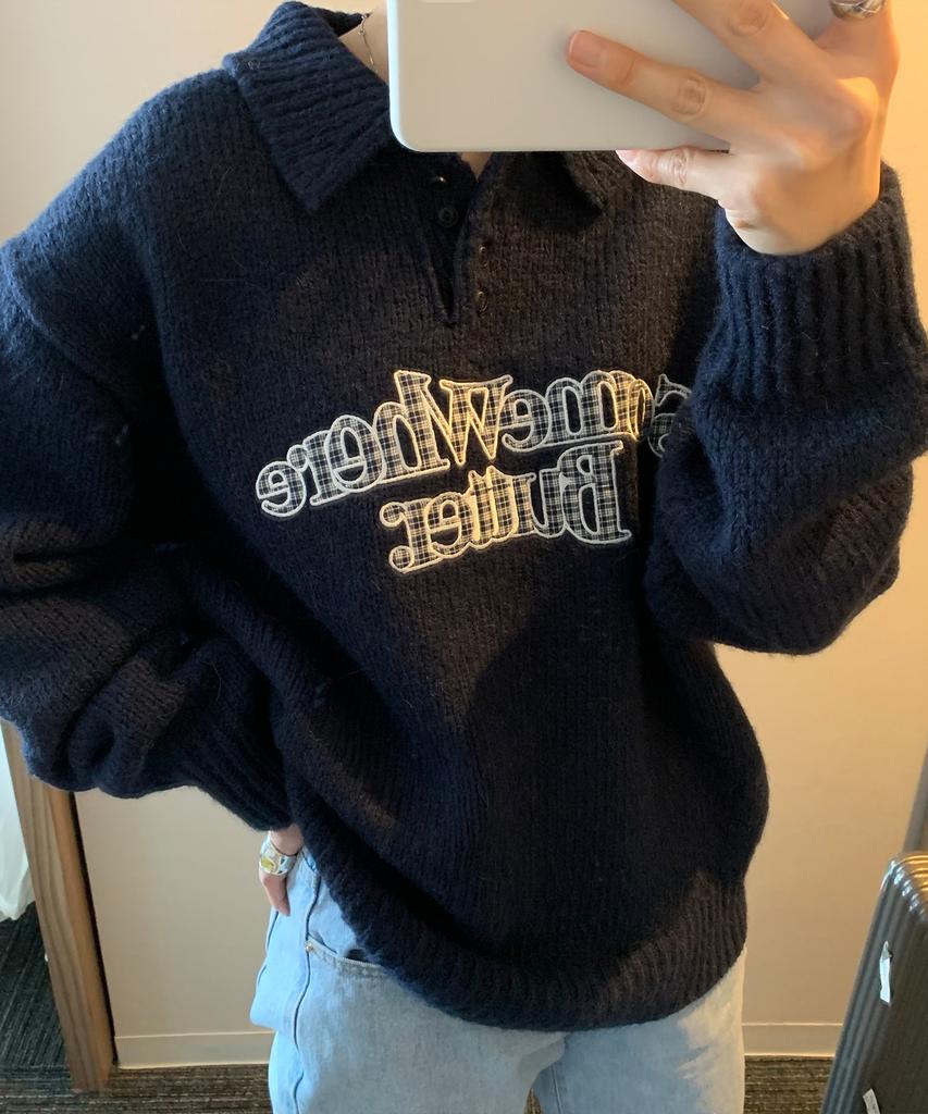 Sseomweeobeoteo Check Wave Logo Alpaca Knit - Navy