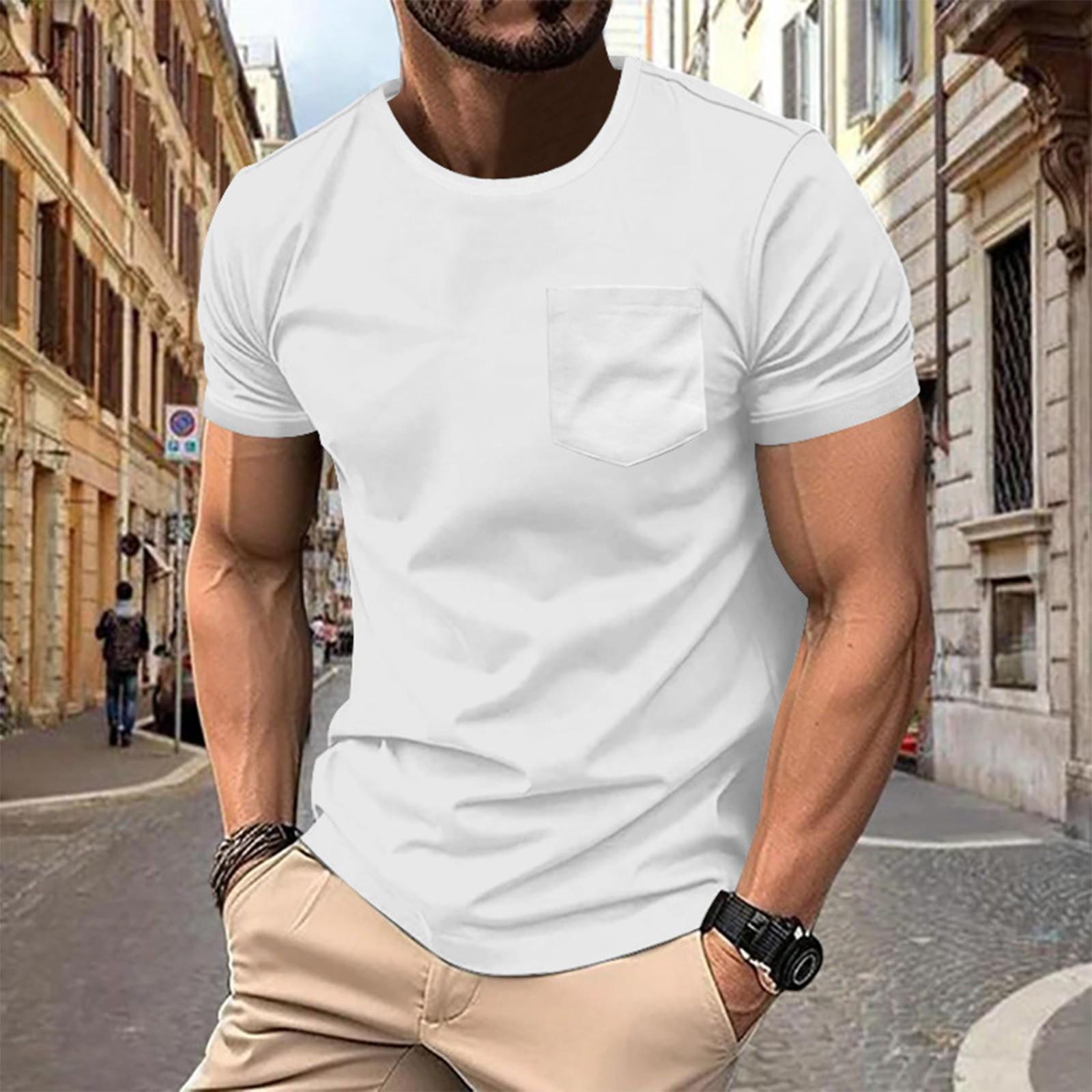 

Men s Color T-Shirt Men s Fashion Casual Pocket Round Neck T-Shirt XXL білий