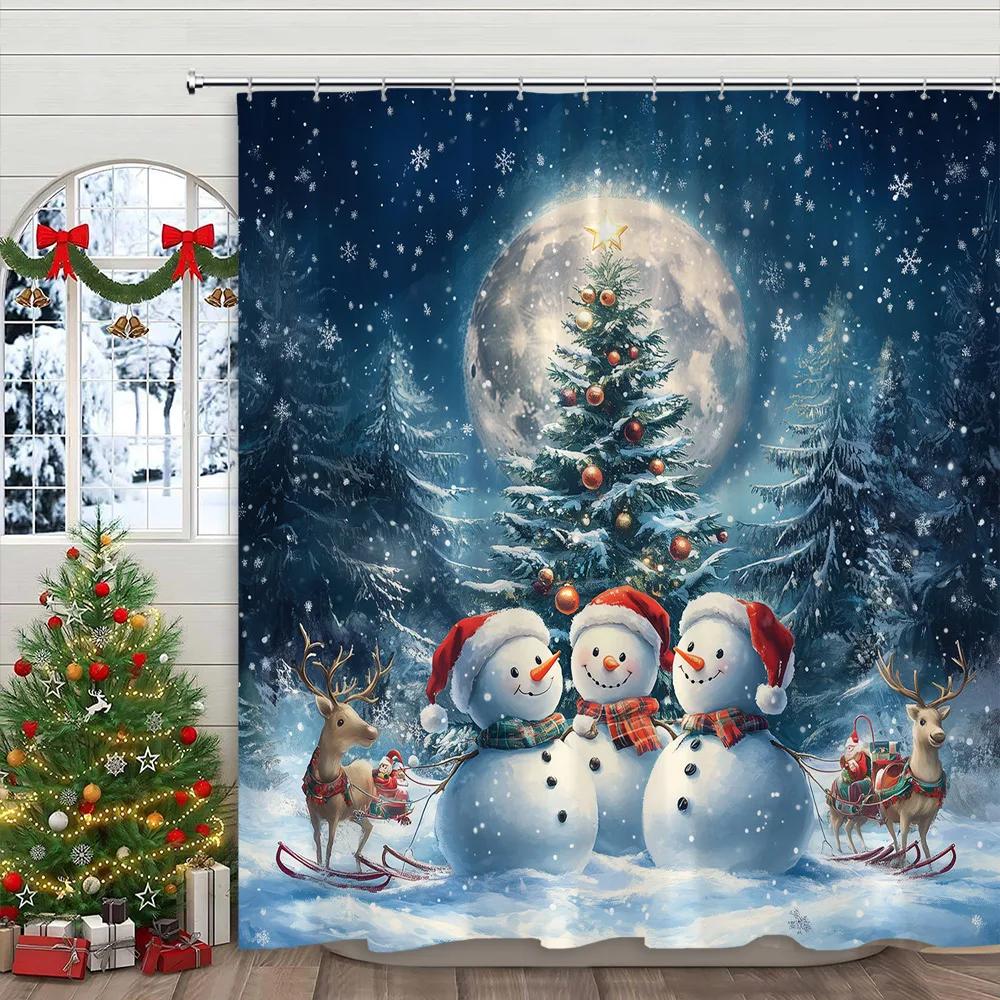 Pink Christmas Printed Shower Curtain Cute Snowman and Christmas Tree Gift Polyester Shower Curtains Bathroom Decor with Hooks