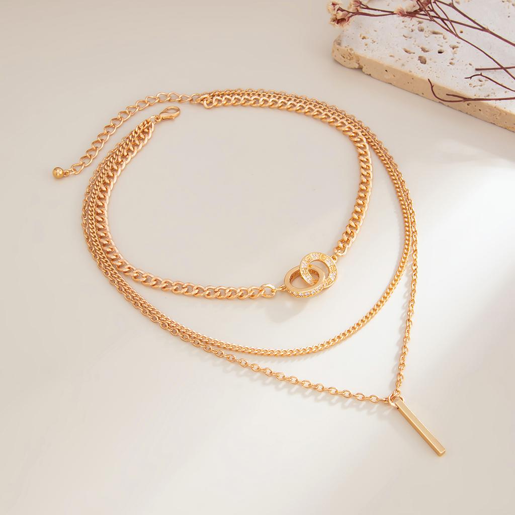 Salircon Fashion Double Circle Straight Bar Multi-layer Chain Necklace Women's Creative Exquisite Metal Pendant Necklace Jewelry