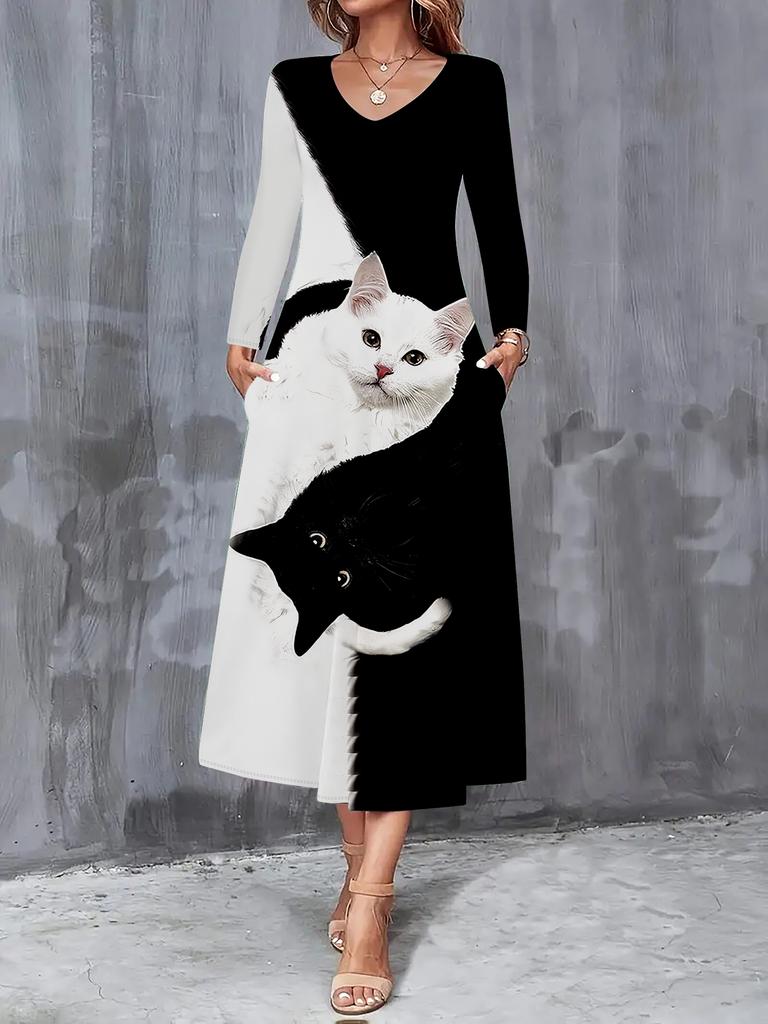 2025 Autumn and Winter New Women Casual Fashion Dress Autumn 3D Cat Print Long Sleeve V-Neck A-Line Dresses
