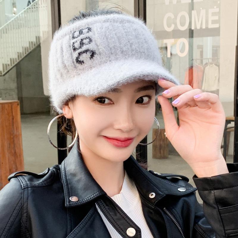 Tide Knitted Empty Top Hat Ladies Outdoor Duck Tongue Cycling Alphabet Wool Hat Rabbit Hair Blended Thermal Hat Winter