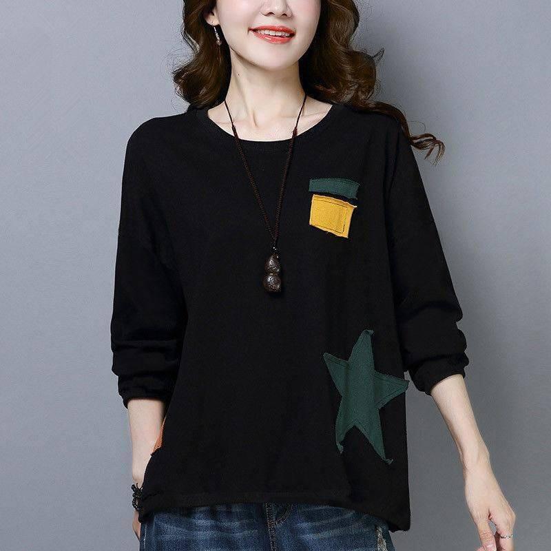 Cotton-containing new long-sleeved loose T-shirt women's spring and autumn clothes round neck casual sweater women's Korean version large size