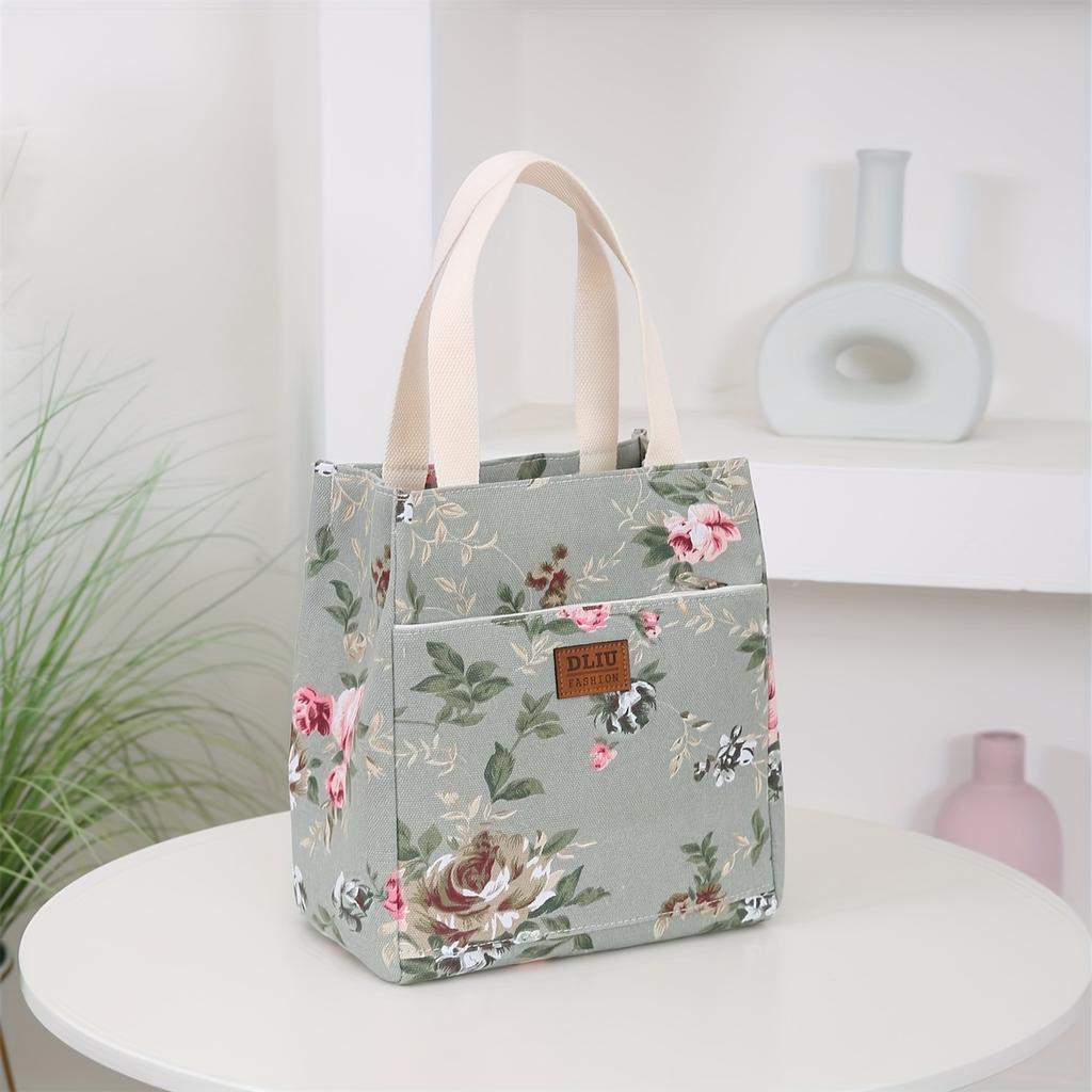 Vintage Floral Fabric Handbag - Thickened Work Tote with Front Zipper Pocket, Portable Cup Box Storage Bag, Semi-Sealed with Zipper Closure