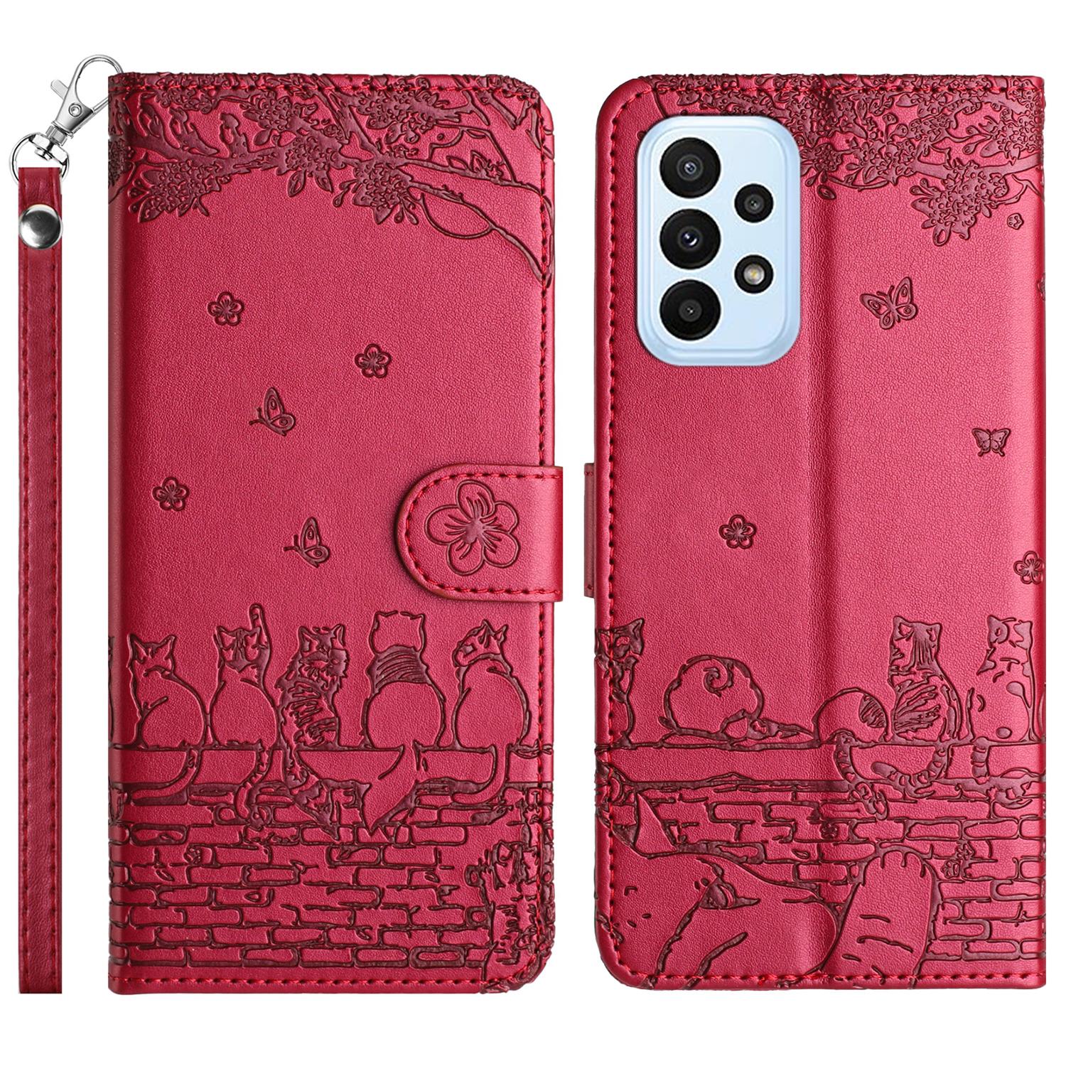 

For Samsung Galaxy A23 4G/A23 5G (Global Version)/M23 5G/F23 5G Wallet Phone Cover Imprinted PU Leather Stand Phone Case with Strap Red