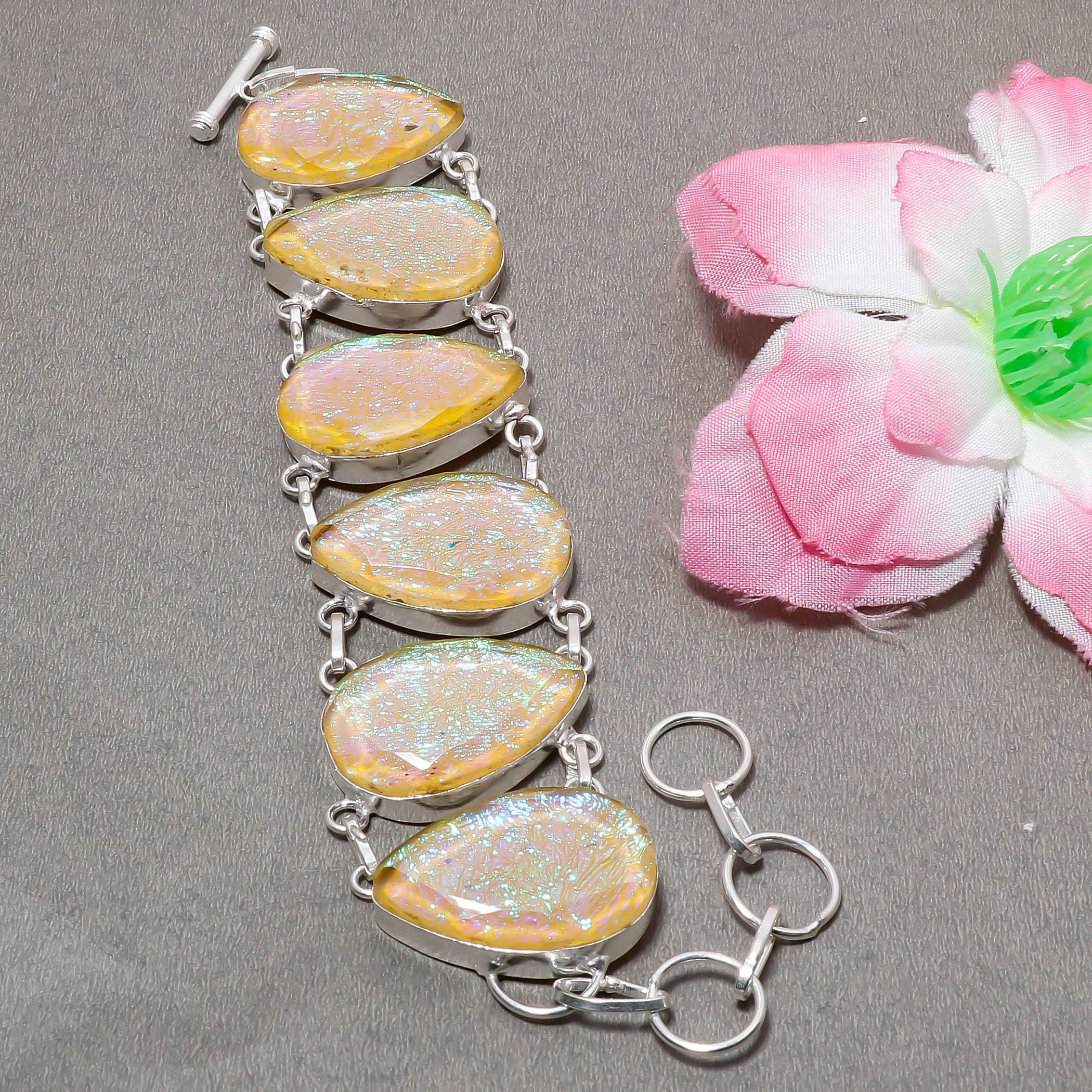 

Браслет с подвесками из стерлингового серебра 925 пробы с желтым огненным опалом 7-8 дюймов