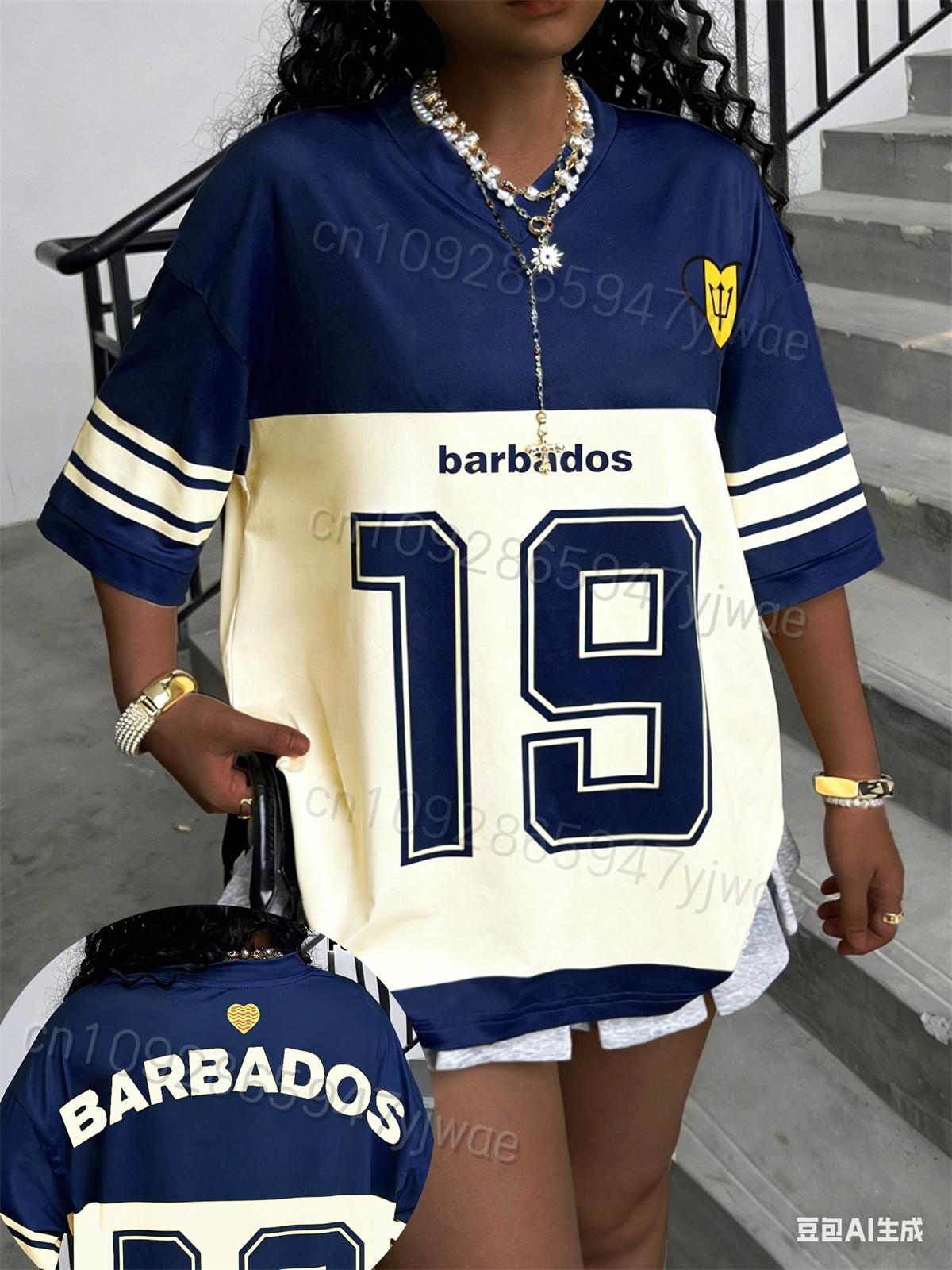 Barbados Contrasting Color V-Neck Jersey Fashionable Digital Graphic Printed Short Sleeved Women s Streetwear T-shirt Top S