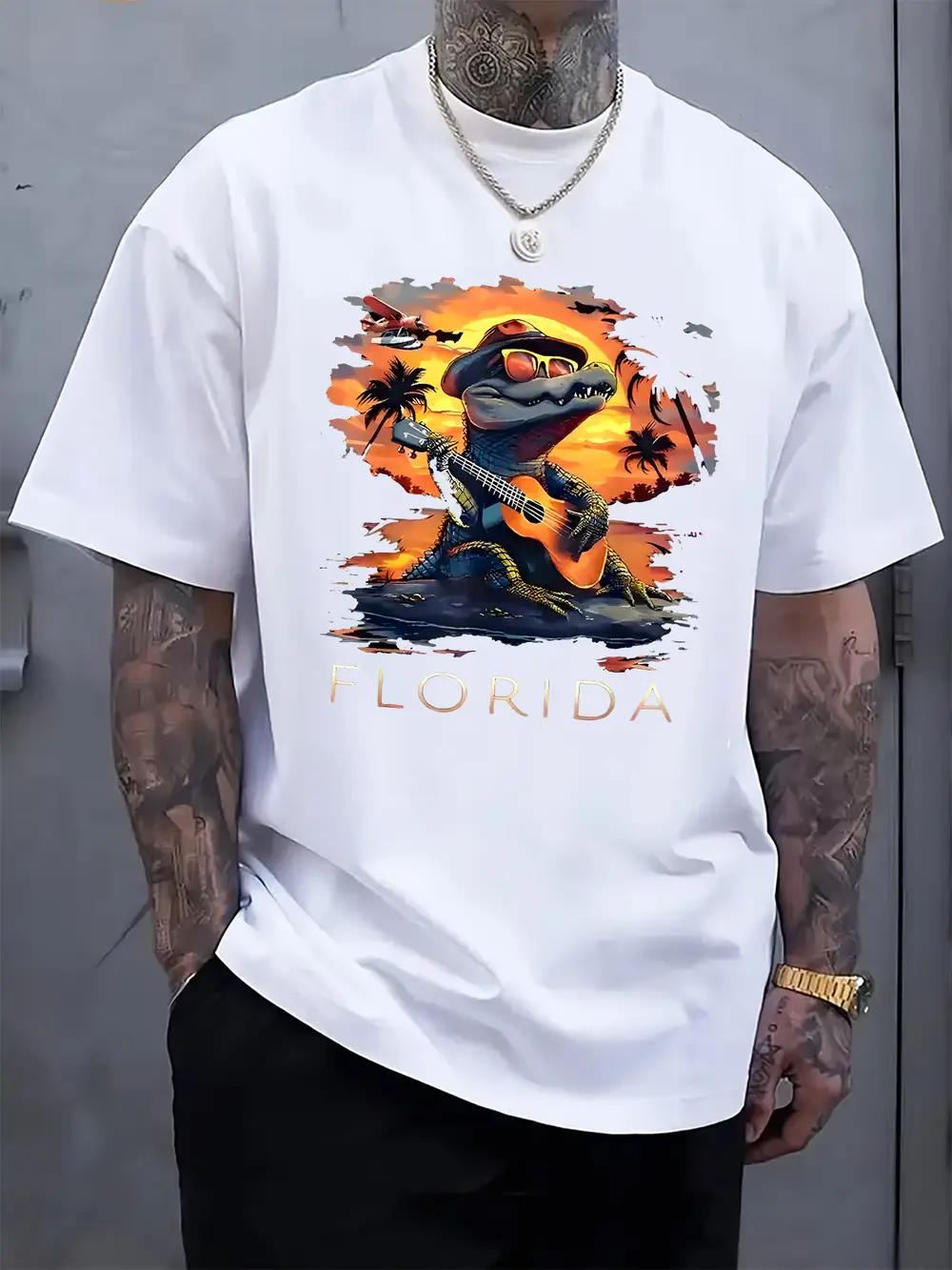 Florida Crocodile Print T-shirt - Vibrant Alligator & Palm Tree Design M