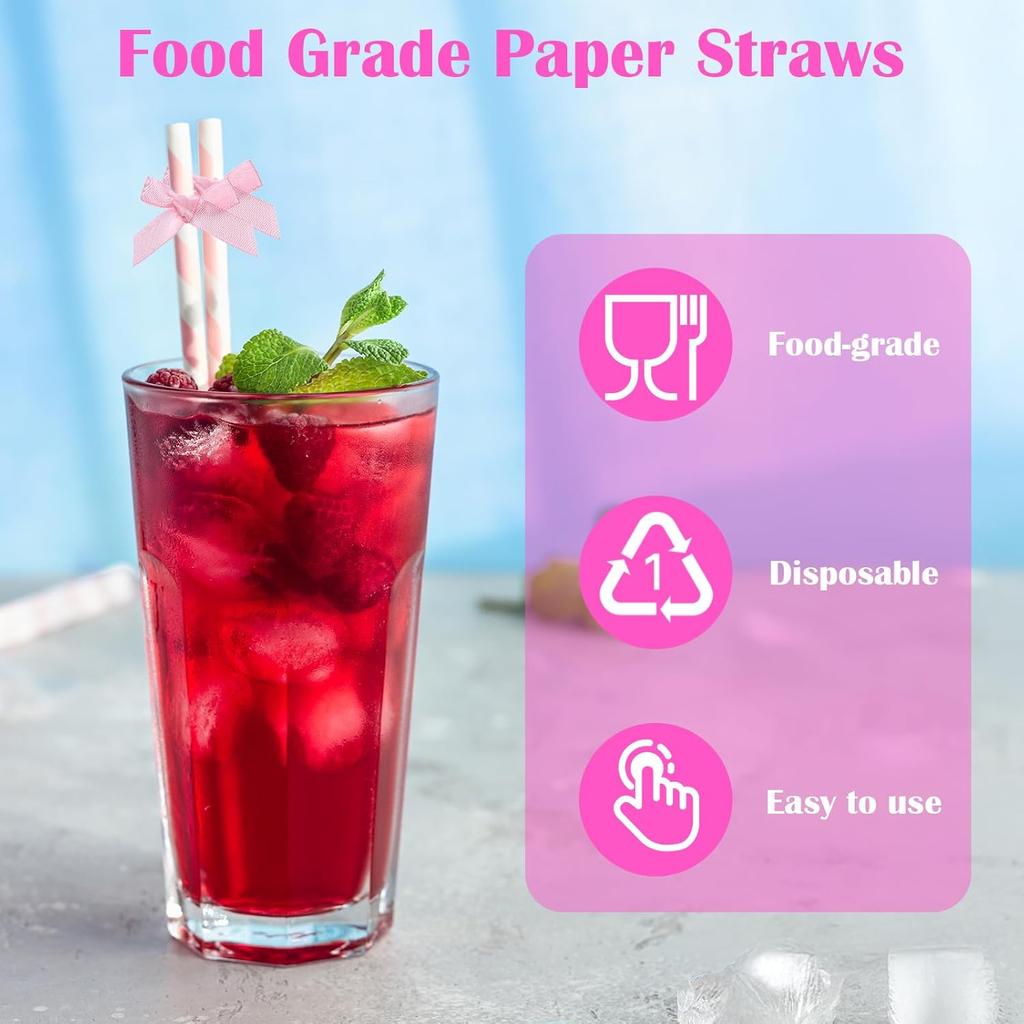 30Pcs Pink Paper Straws for Drinking, Cute Pink Bow Party Straws Bulk for Juice Coffee Tea Cocktail Milkshake