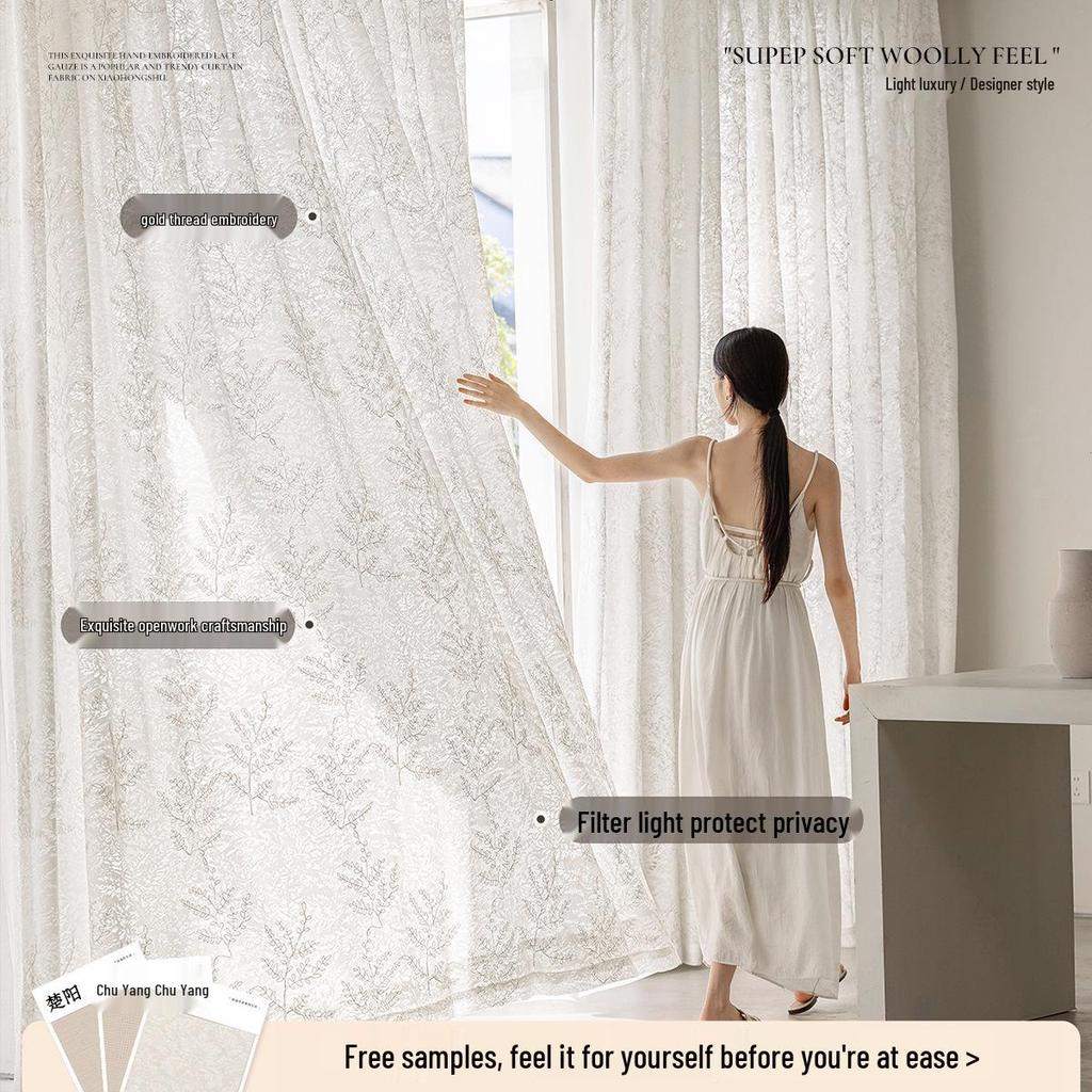 French Lace Embroidery Light-Permeable Privacy Curtains for Balcony, Bedroom, and Living Room