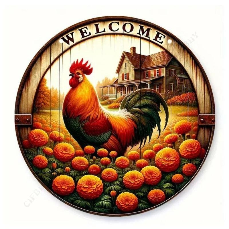Chicken Coop Round Tin Sign, Farmhouse Style 20x20cm