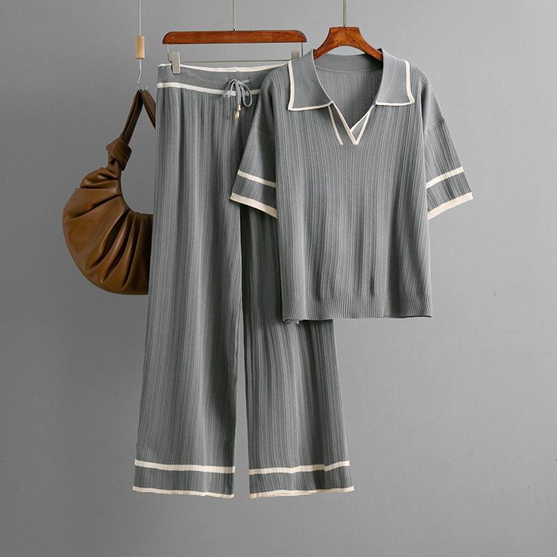 Summer Suit Polo Collar Short Sleeved Fashionable Casual Loose High Waisted Knitted Two-piece Set