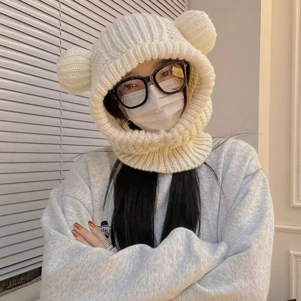 Thickened Snow Beanies Cap Bear Ear Hat Scarf Set Casual Winter Balaclava  Neck Warmer