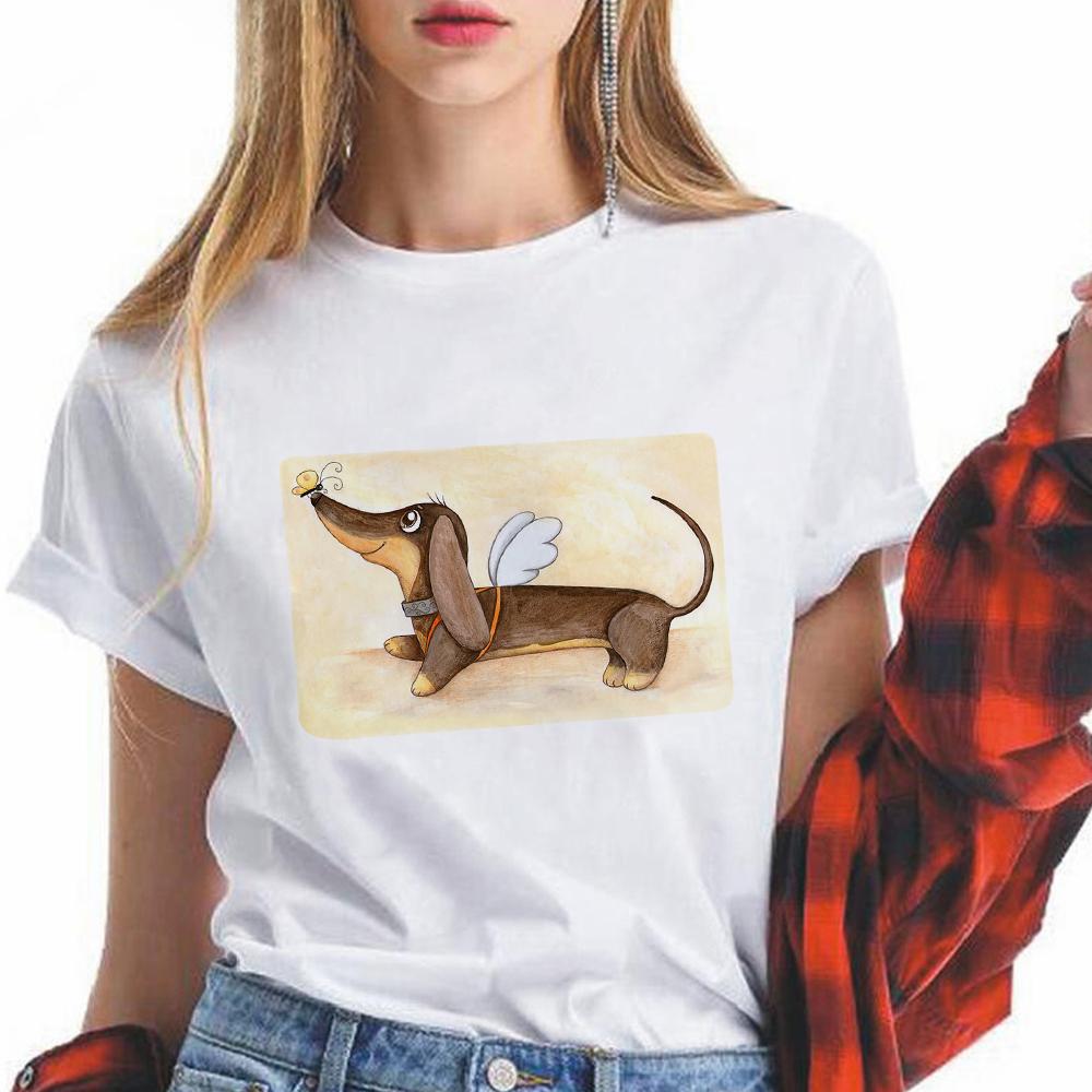 Angel Dachshund Kawaii Cartoon Teens T Shirts Young Happy Black Tops Multicolor Tee Shirt Women Fashion