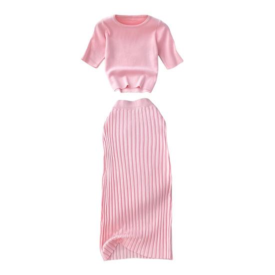 Women's Summer Skirt Set Short Sleeve Crew Neck Crop Top And High Waist Maxi Skirt Set Knitted Two Piece Outfit