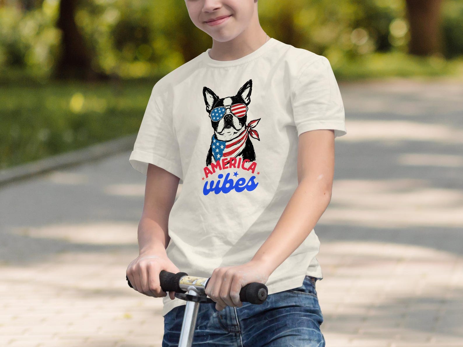 Patriotic Boston Terrier T-Shirt, Dog USA Flag Sunglasses Tee, Youth Toddler Shirt XL