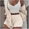 Women's Loose Fit Three Piece Loungewear Long Sleeve Fuzzy Cardigan V Neck Tank Drawstring Waist Shorts Winter Solid Tracksuit