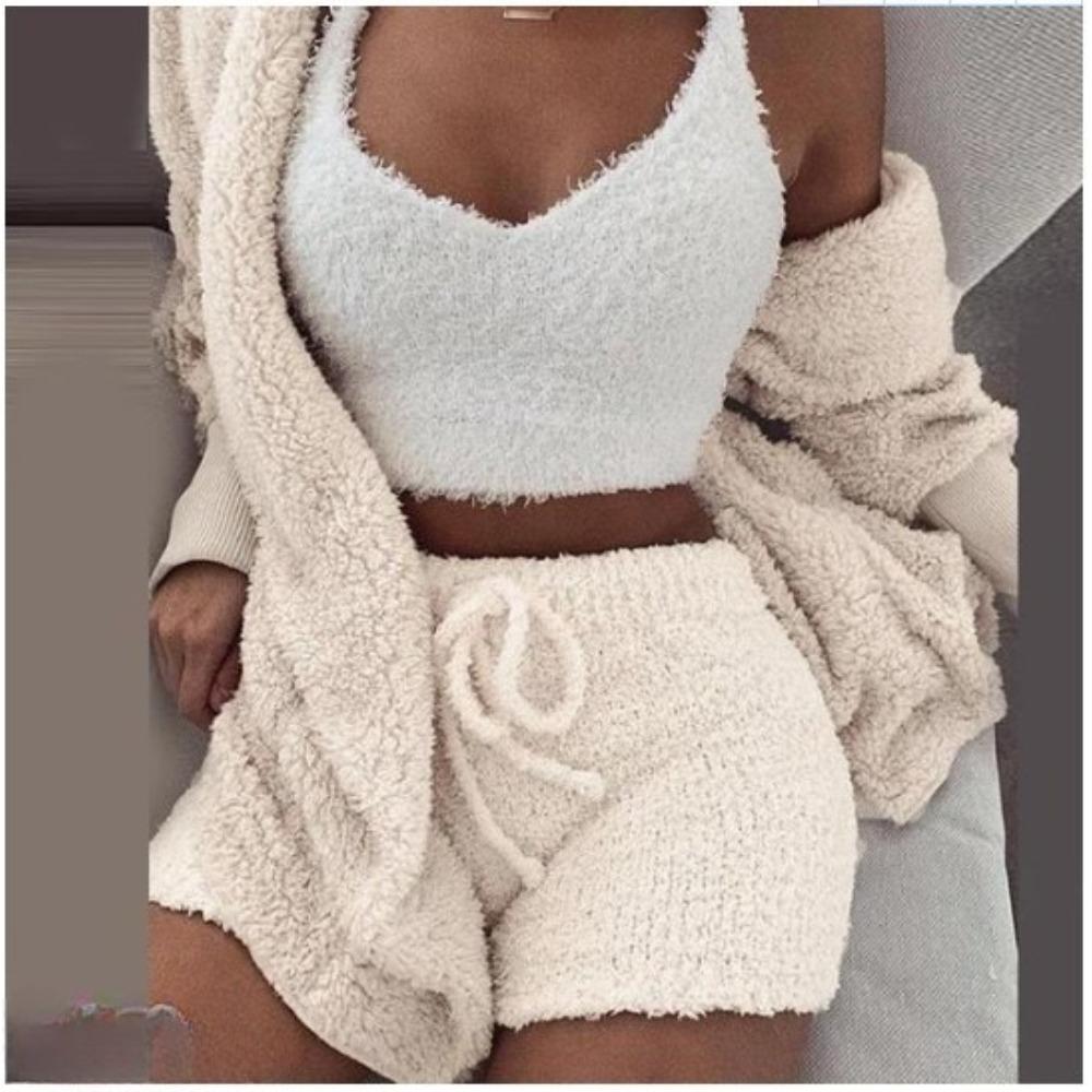 Women's Loose Fit Three Piece Loungewear Long Sleeve Fuzzy Cardigan V Neck Tank Drawstring Waist Shorts Winter Solid Tracksuit