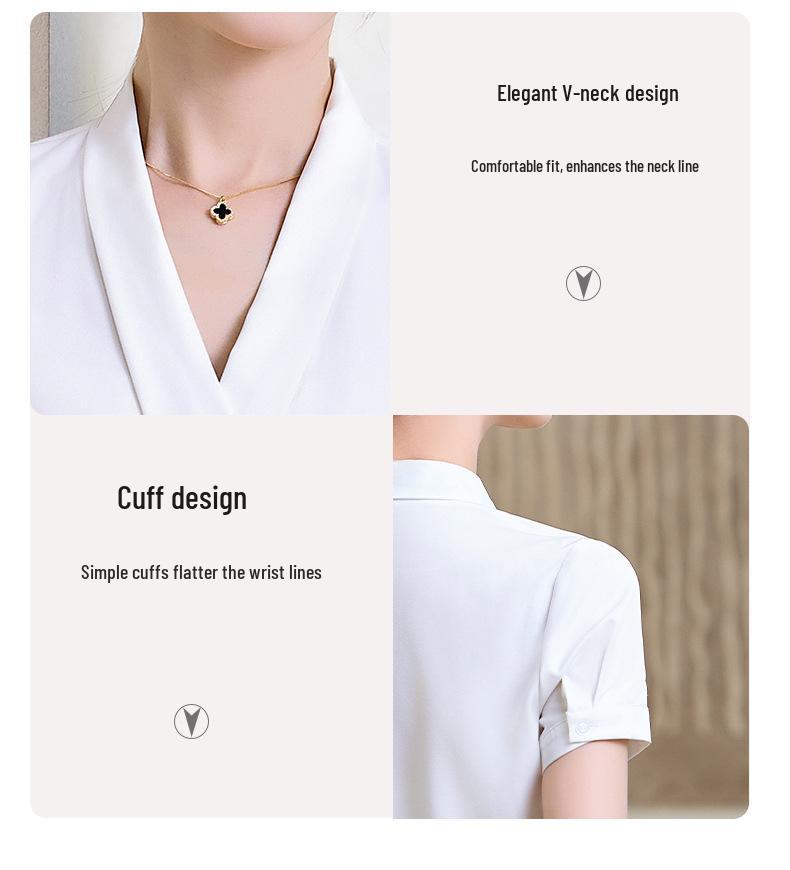 Women's Blue V-Neck Short-Sleeve Blouse - 2025 Summer Professional Wear