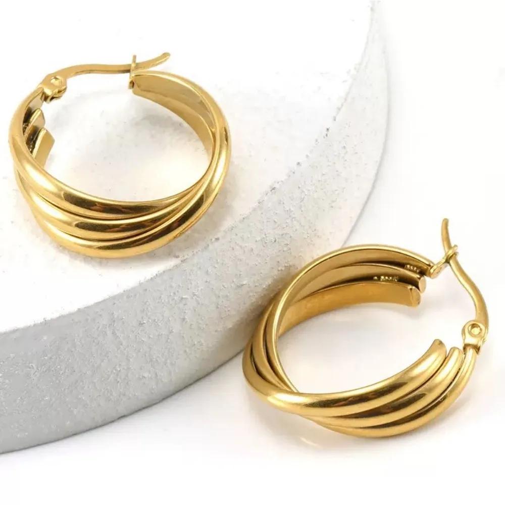 

Simple Stainless Steel Circles Hoop Earrings For Women Vintage GeometricThree Layers Tube Drop Earring Party Jewelry